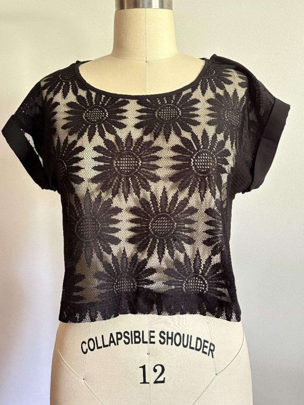 MINE Black Sunflower Lace Crop Top – Sheer Floral Mesh Tee